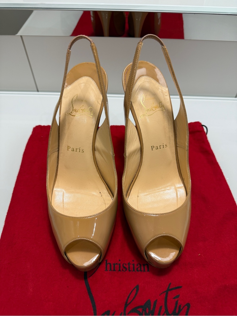 Christian Louboutin Tan Patent Leather Peep-Toe Slingbacks
